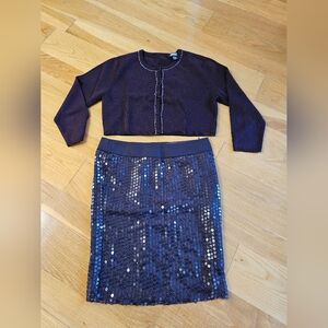 Laundry Pink Tartan Cashmere Beaded Cropped Sweater Sequins Skirt Set S